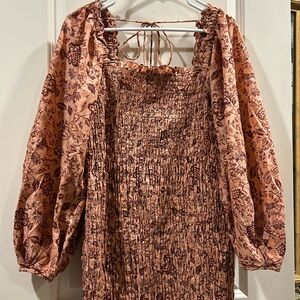 NWOT Free People Floral Smocked tube elastic BodyCon Mini Dress puff sleeves L